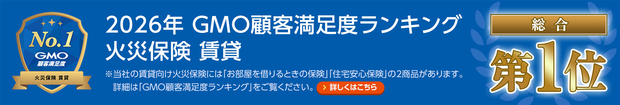 2026年 GMO顧客満足度ランキング 火災保険 賃貸 総合第1位 ※当社の賃貸向け火災保険には「お部屋を借りるときの保険」「住宅安心保険」の2商品があります。詳細は「GMO顧客満足度ランキング」をご覧ください。 詳しくはこちら