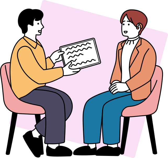 タブレットを見せる男性と補聴器をつけた女性のイラスト。